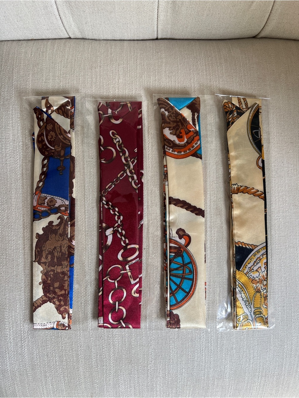 Silk Twilly Skinny Scarf - Blue, Burgundy, Cream & Gold Patterned Twilly Pick 1x